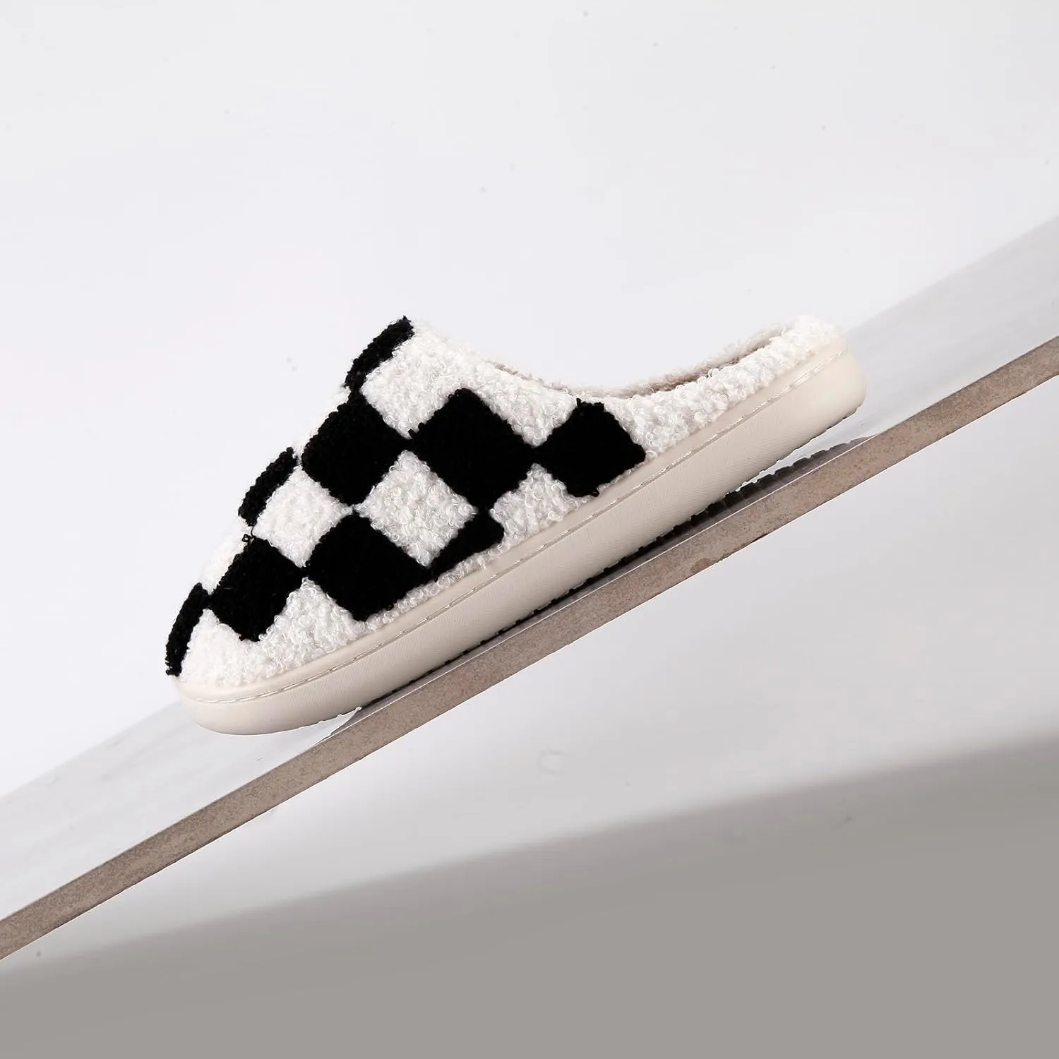 Women's and Men's Fuzzy Checkered Memory Foam Slippers - Fluffy Couple Cozy House Indoor Outdoor Shoes