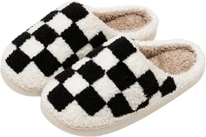 Women's and Men's Fuzzy Checkered Memory Foam Slippers - Fluffy Couple Cozy House Indoor Outdoor Shoes