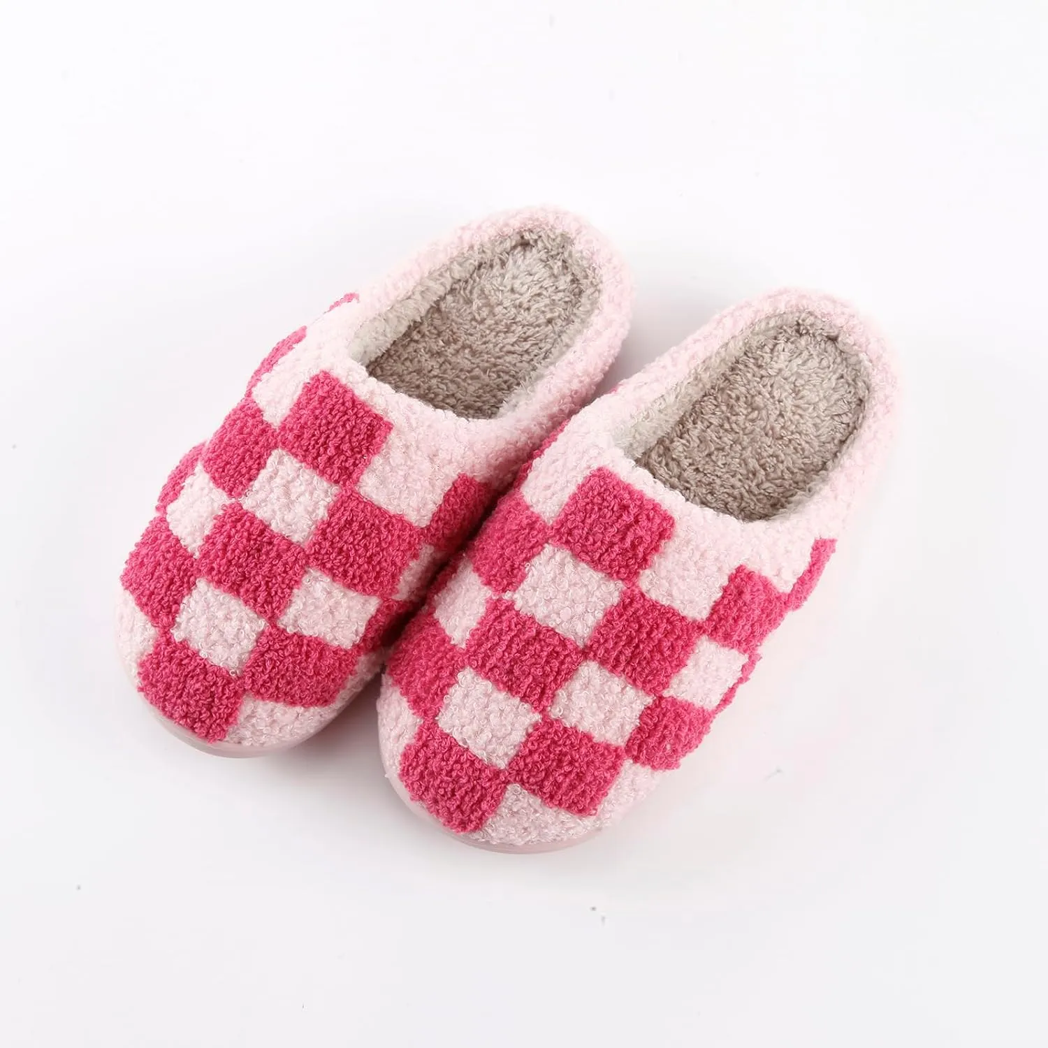 Women's and Men's Fuzzy Checkered Memory Foam Slippers - Fluffy Couple Cozy House Indoor Outdoor Shoes