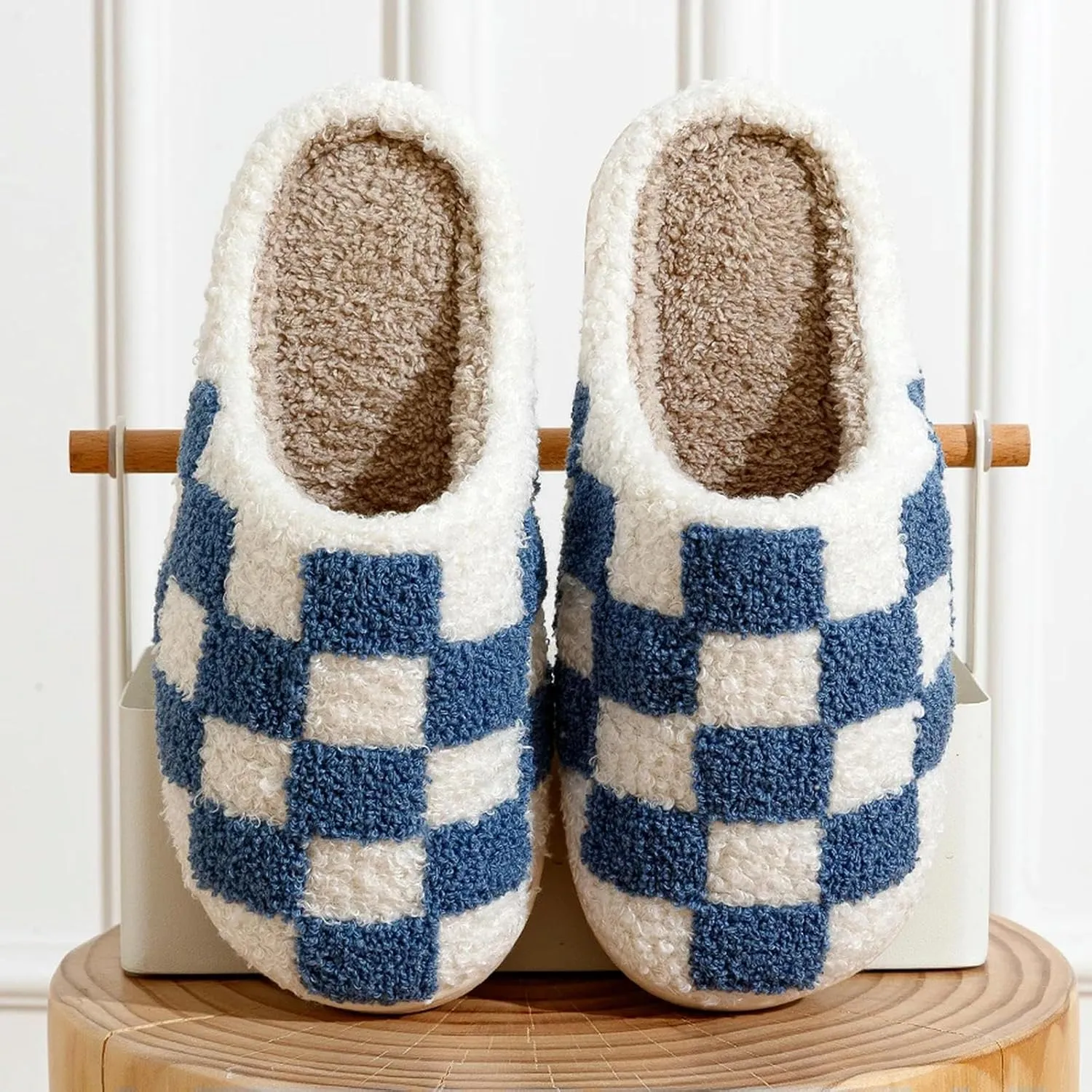 Women's and Men's Fuzzy Checkered Memory Foam Slippers - Fluffy Couple Cozy House Indoor Outdoor Shoes