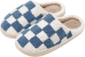 Women's and Men's Fuzzy Checkered Memory Foam Slippers - Fluffy Couple Cozy House Indoor Outdoor Shoes