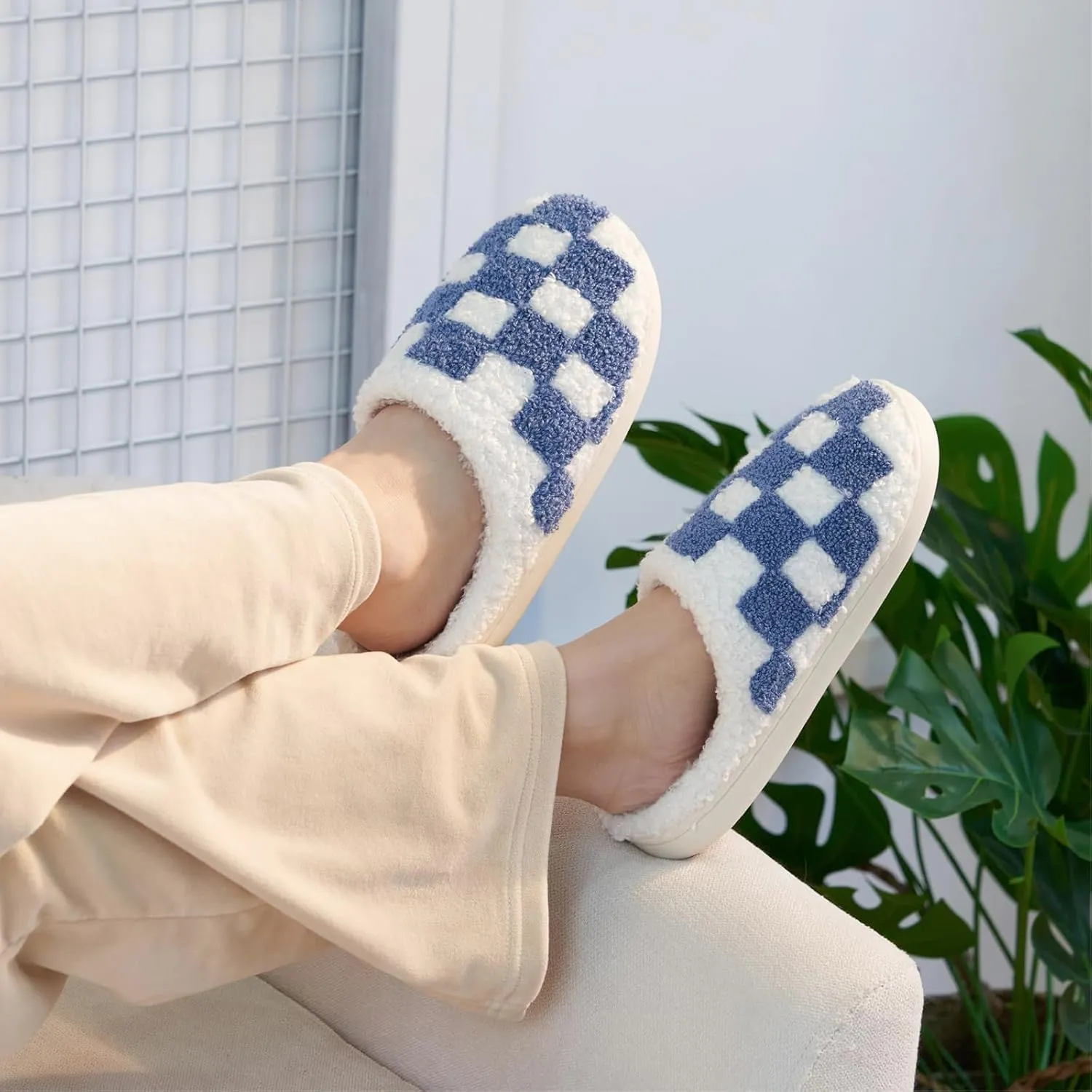 Women's and Men's Fuzzy Checkered Memory Foam Slippers - Fluffy Couple Cozy House Indoor Outdoor Shoes