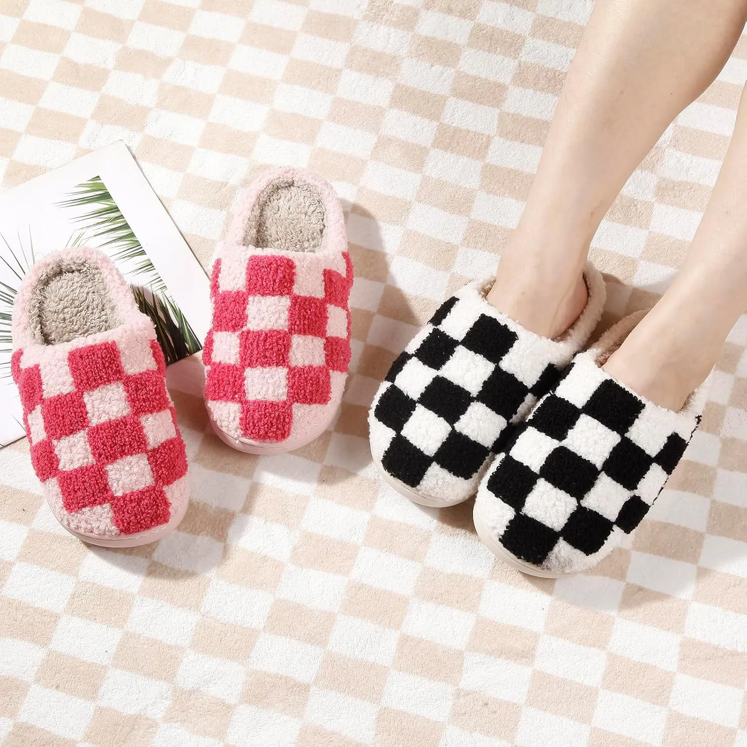 Women's and Men's Fuzzy Checkered Memory Foam Slippers - Fluffy Couple Cozy House Indoor Outdoor Shoes