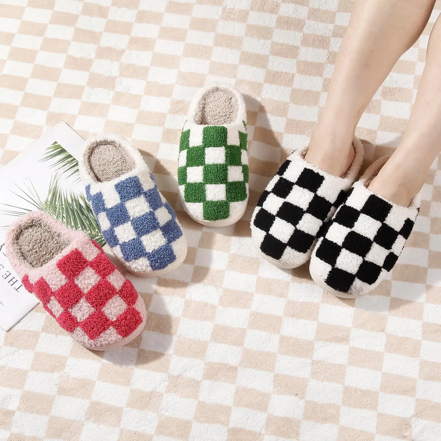Women's and Men's Fuzzy Checkered Memory Foam Slippers - Fluffy Couple Cozy House Indoor Outdoor Shoes