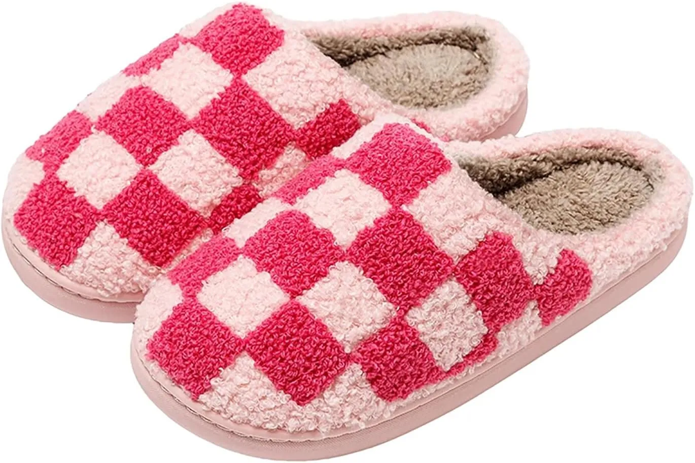 Women's and Men's Fuzzy Checkered Memory Foam Slippers - Fluffy Couple Cozy House Indoor Outdoor Shoes