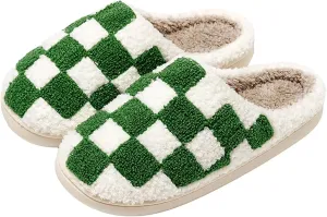 Women's and Men's Fuzzy Checkered Memory Foam Slippers - Fluffy Couple Cozy House Indoor Outdoor Shoes