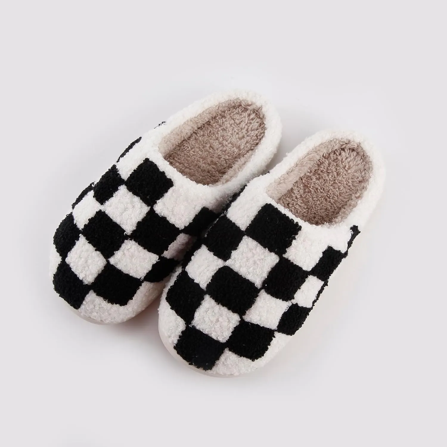 Women's and Men's Fuzzy Checkered Memory Foam Slippers - Fluffy Couple Cozy House Indoor Outdoor Shoes