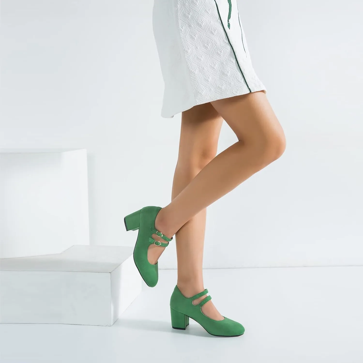 Women's Chunky Low Block Heels Mary Jane Pumps Closed Round Toe Double Strap Office Dress Party Shoes