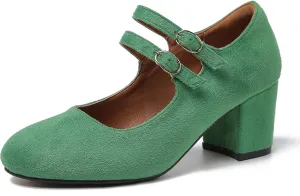 Women's Chunky Low Block Heels Mary Jane Pumps Closed Round Toe Double Strap Office Dress Party Shoes