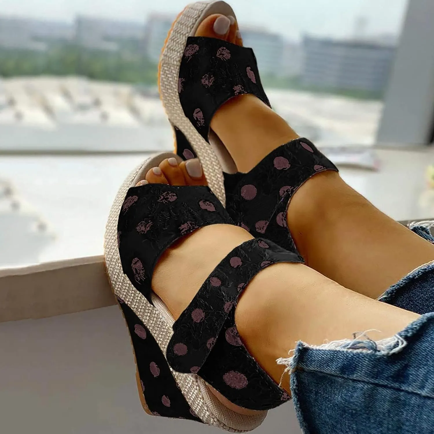 Womens Espadrilles Wedges Sandals Polka Dot Print Ankle Strap Open Toe Sandals Summer Dressy Slip on High Heeled Shoes