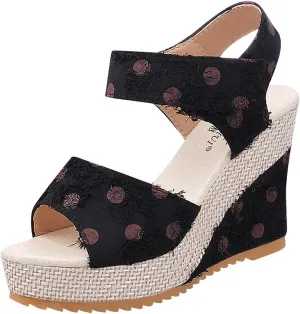 Womens Espadrilles Wedges Sandals Polka Dot Print Ankle Strap Open Toe Sandals Summer Dressy Slip on High Heeled Shoes