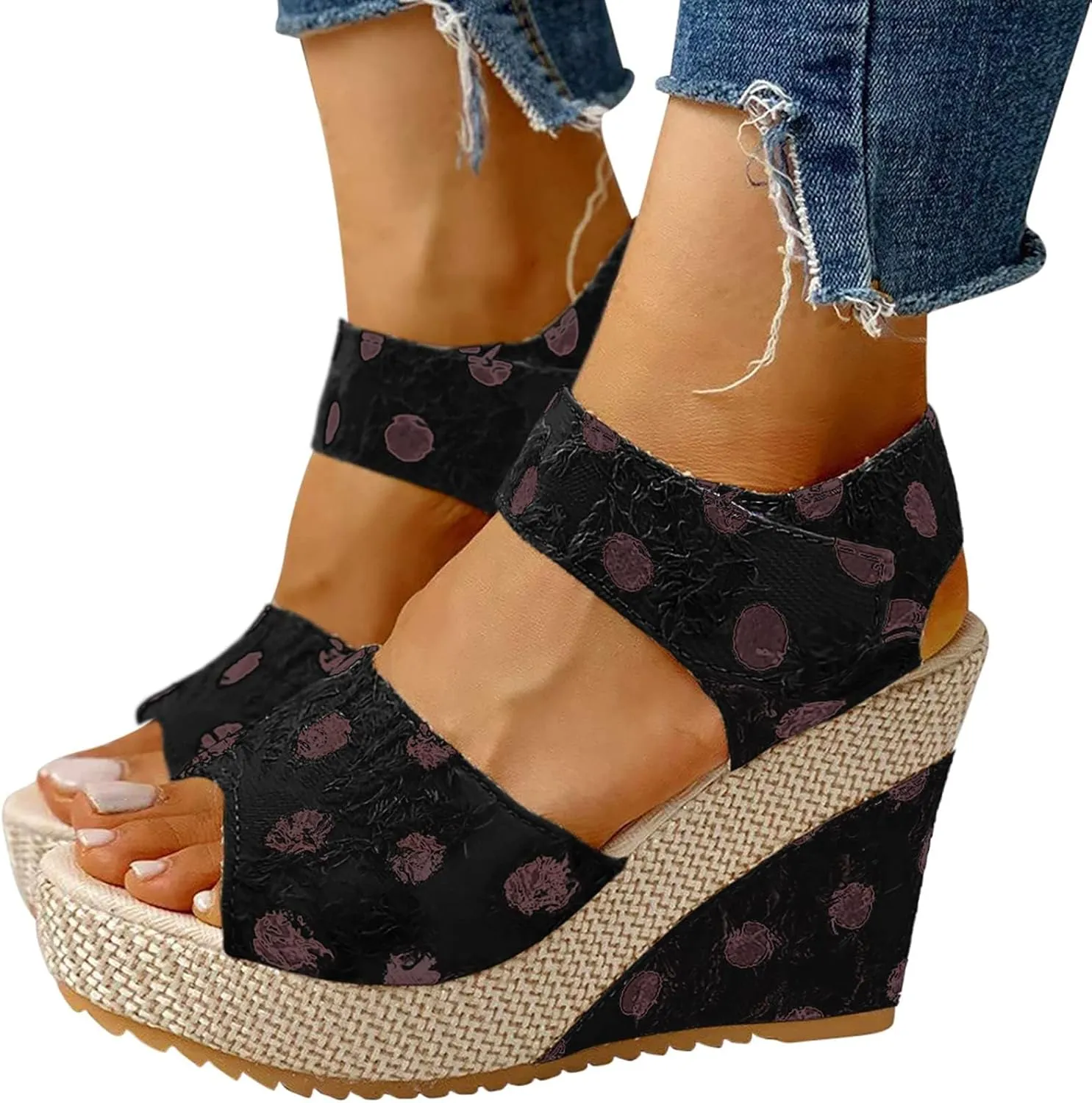 Womens Espadrilles Wedges Sandals Polka Dot Print Ankle Strap Open Toe Sandals Summer Dressy Slip on High Heeled Shoes