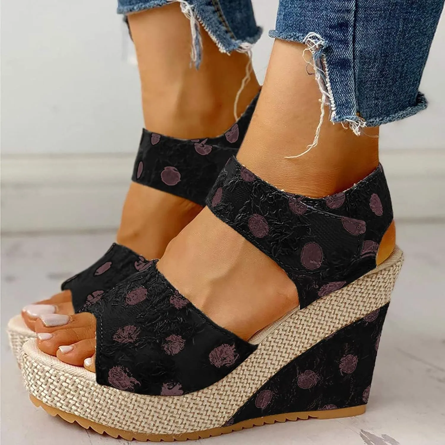 Womens Espadrilles Wedges Sandals Polka Dot Print Ankle Strap Open Toe Sandals Summer Dressy Slip on High Heeled Shoes