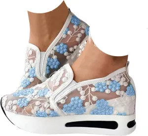 Women's Fashion Sneakers Dressy Floral Embroidery Sheer Mesh Lace Sneakers Platform Wedge Sneakers for Women Slip on Walking Shoes Lace up Sneakers Casual Shoes