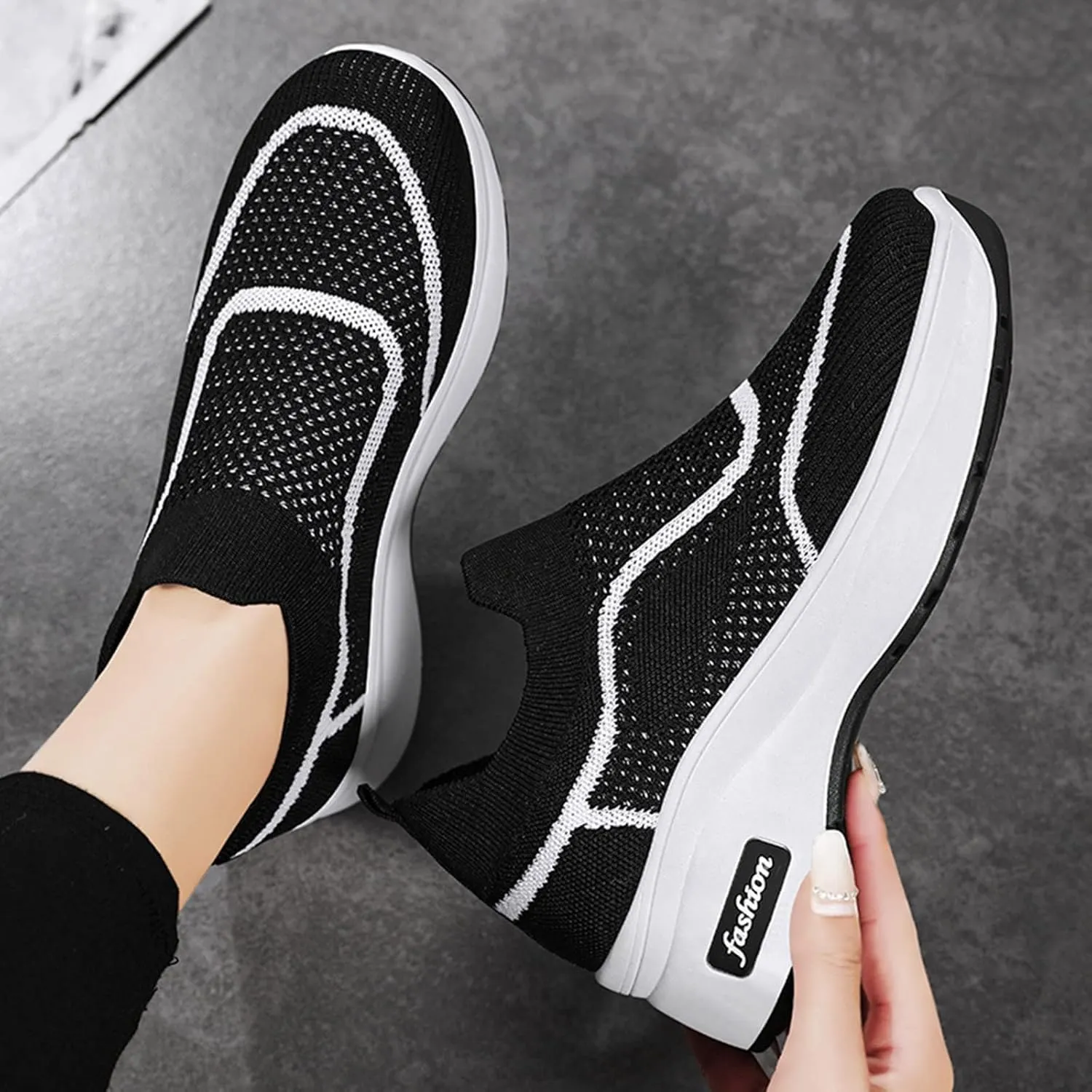 Womens Flat Slip On Shoes Casual Walking Sneakers Lightweight Canvas Comfortable Elastic Non Slip Loafers