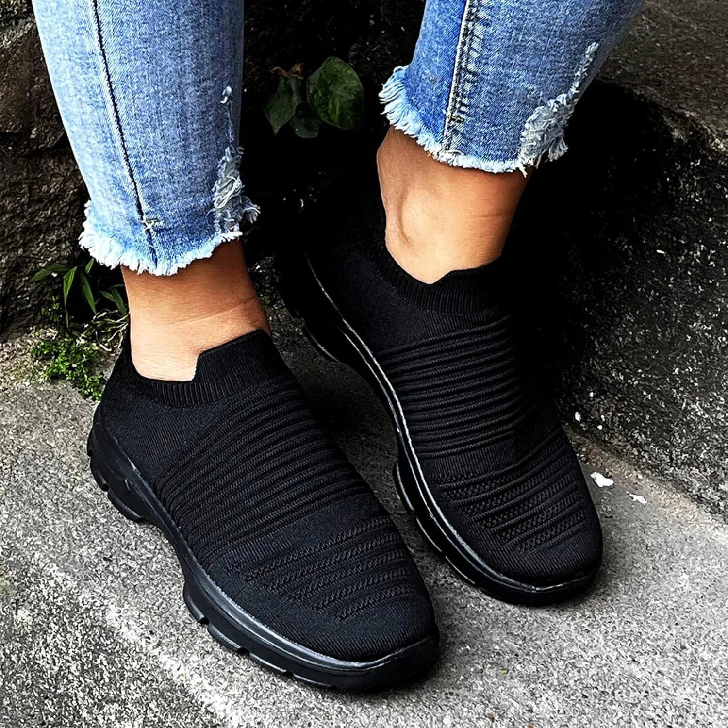 Womens Flat Slip On Sneakers Casual Walking Shoes Lightweight Canvas Comfortable Elastic Non Slip Loafers