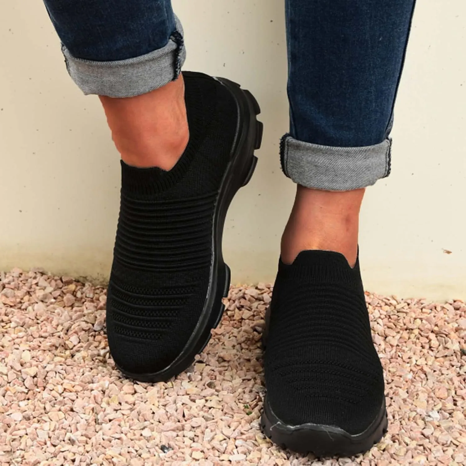 Womens Flat Slip On Sneakers Casual Walking Shoes Lightweight Canvas Comfortable Elastic Non Slip Loafers