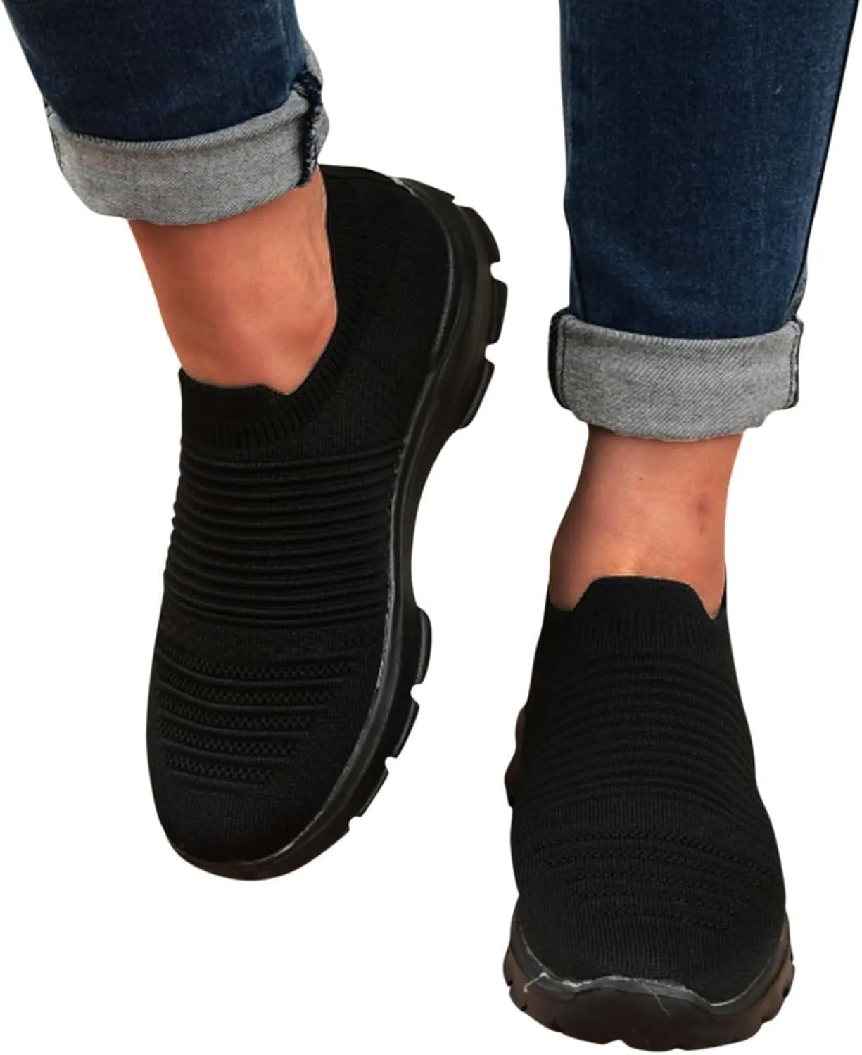 Womens Flat Slip On Sneakers Casual Walking Shoes Lightweight Canvas Comfortable Elastic Non Slip Loafers
