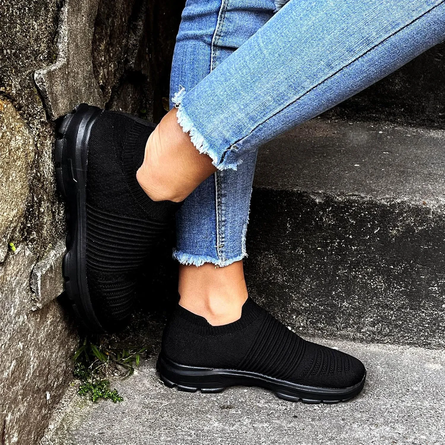 Womens Flat Slip On Sneakers Casual Walking Shoes Lightweight Canvas Comfortable Elastic Non Slip Loafers