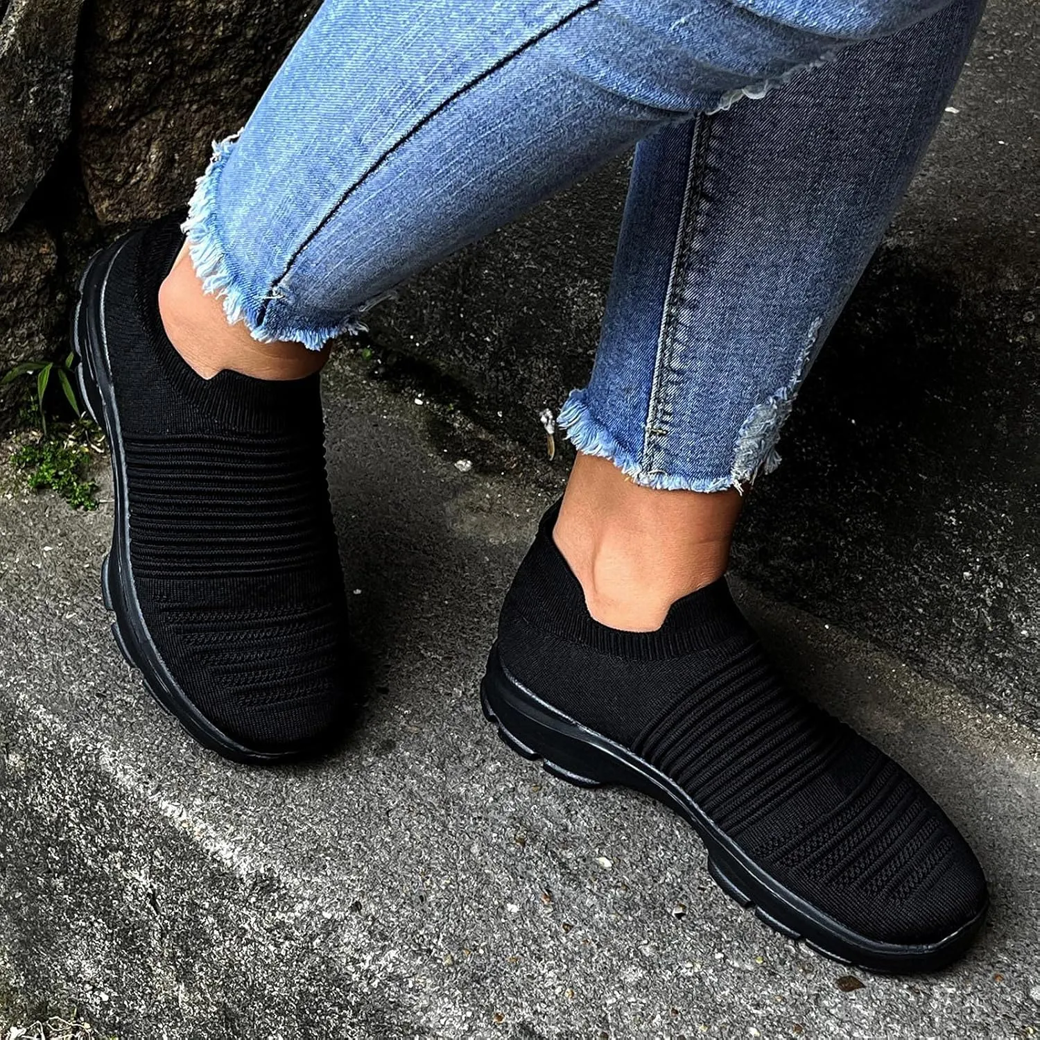 Womens Flat Slip On Sneakers Casual Walking Shoes Lightweight Canvas Comfortable Elastic Non Slip Loafers
