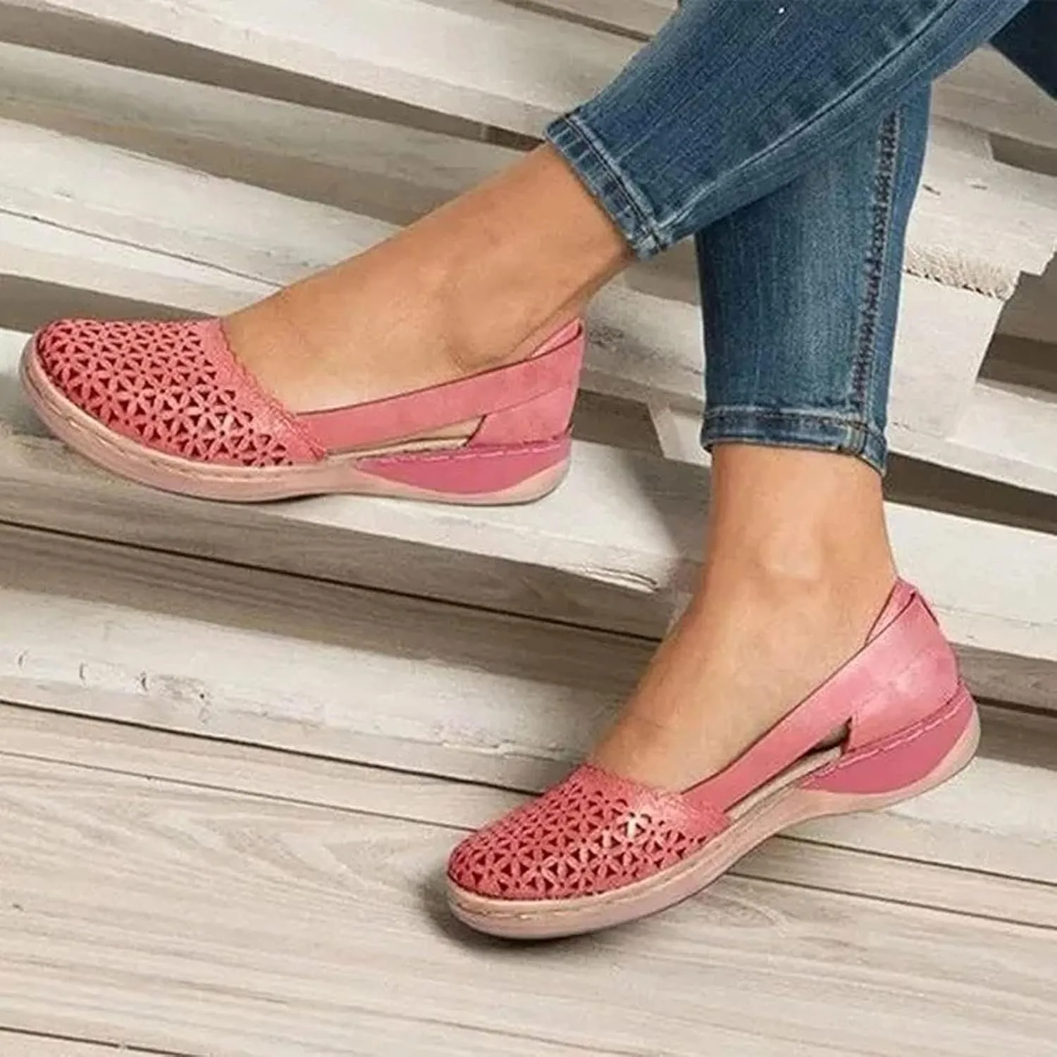 Womens Fusaro Shoes Leather Baotou Hollow Wedge Sandals Round Toe Platform Loafers Fashion Closed Toe Flat Sandal Lightweight Flat Sole Walking Shoes
