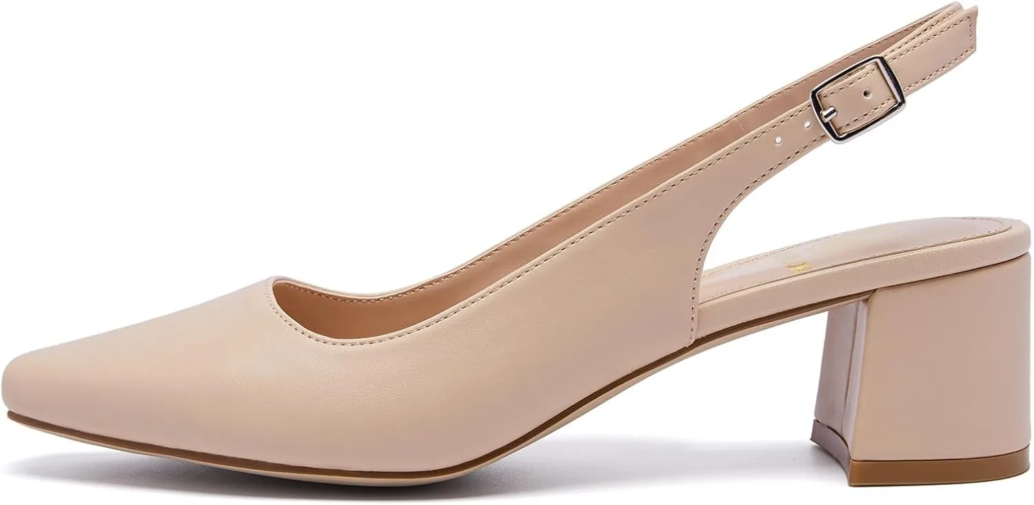 Women's Low Chunky Slingback Heels Square Toe Block Dress Shoes Closed Toe Comfortable Wedding Office Work Pumps