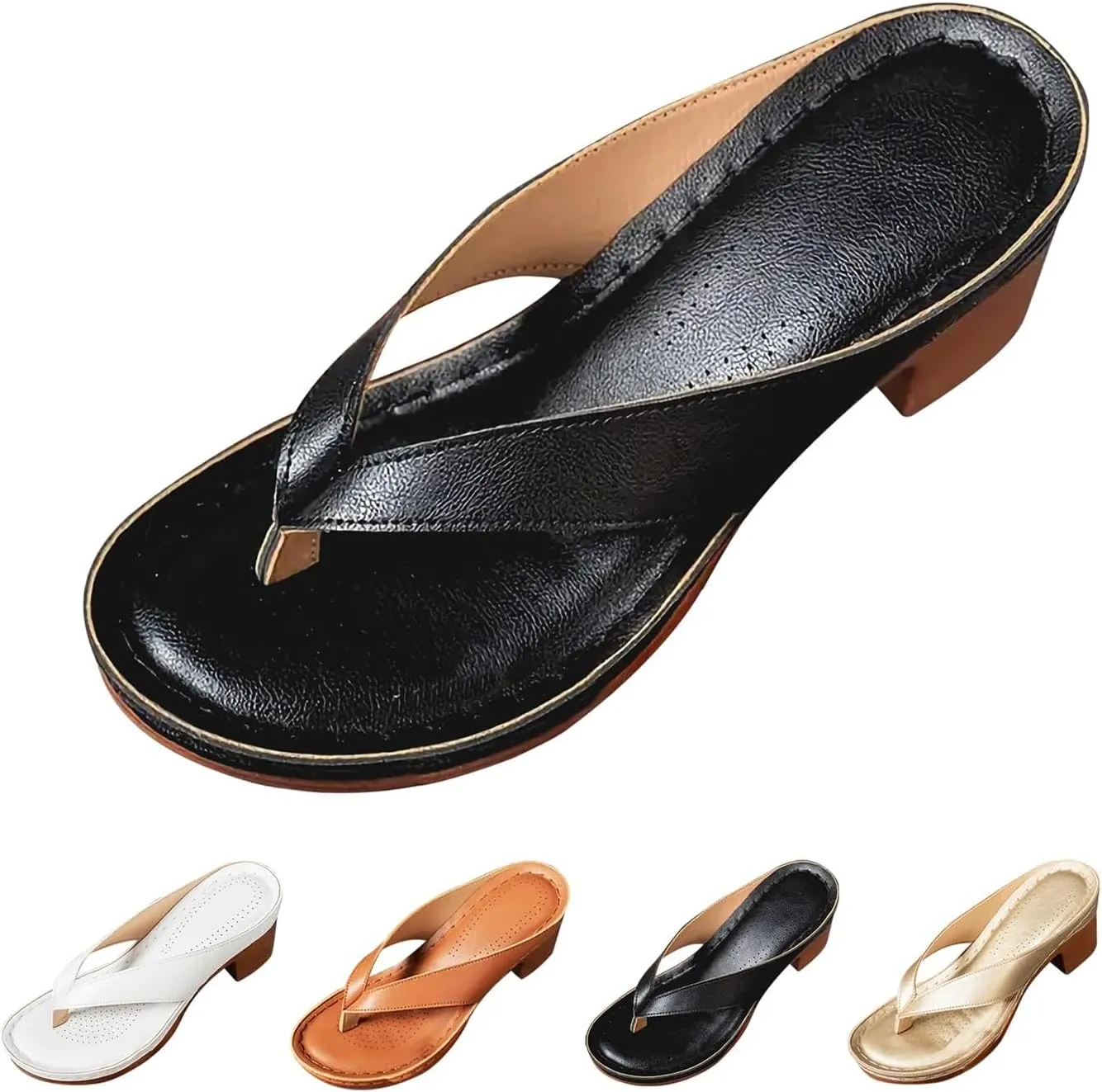 Women's Solid Color Summer Chunky Heel Sandals Casual Flip Flops Comfortable Arch Support Sandals Dressy Slip on Beach Slippers