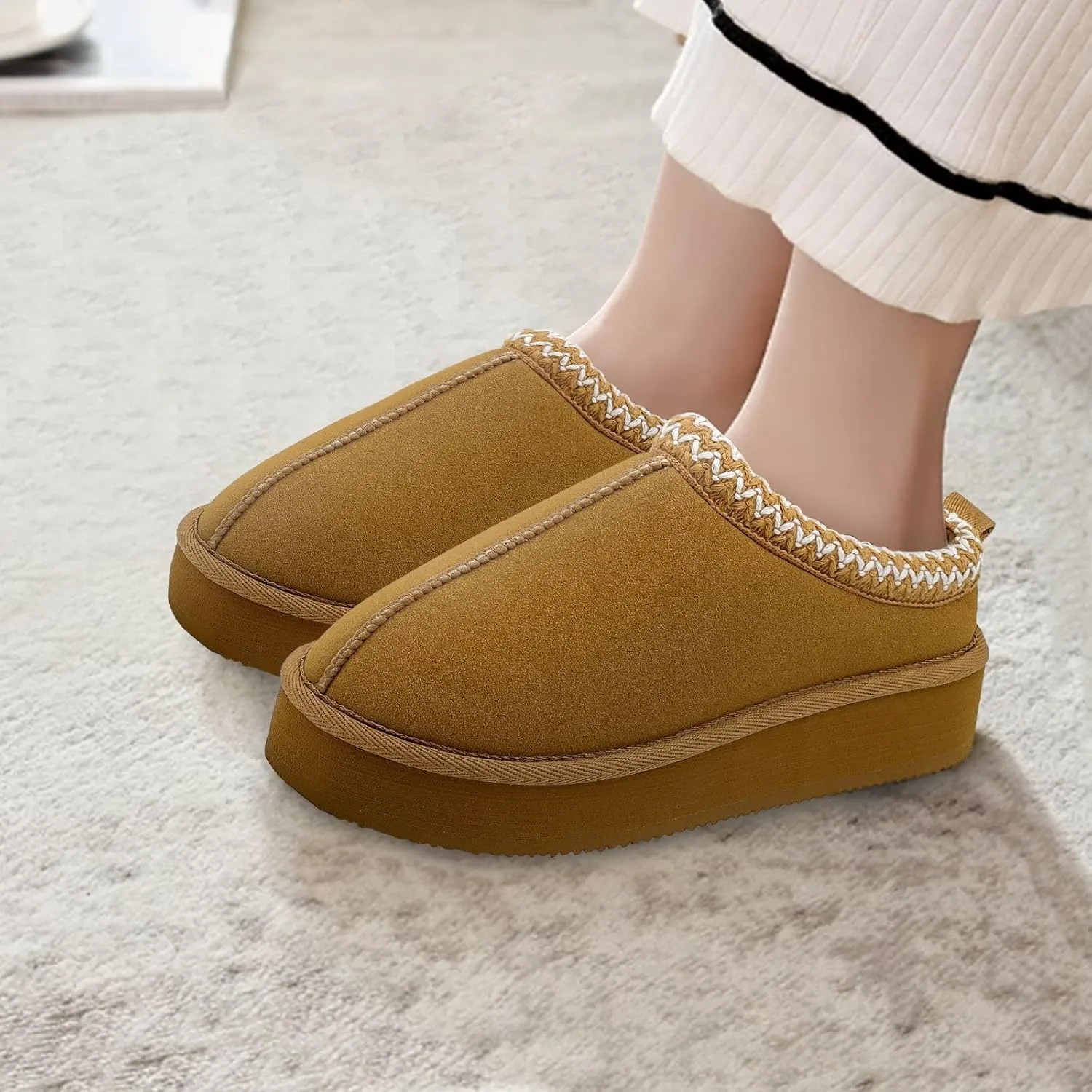 Xinran & Shengli Women's Platform Mules - Winter Memory Foam Slippers for Indoor & Outdoor, Cozy Suede Fur Fleece Lined