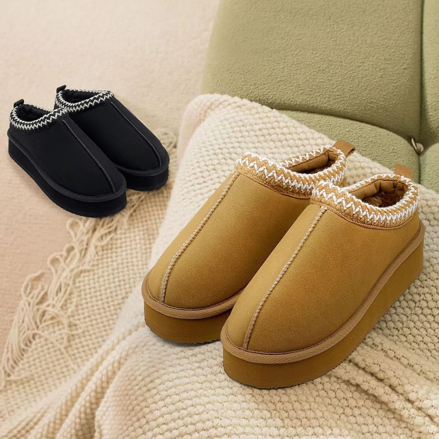 Xinran & Shengli Women's Platform Mules - Winter Memory Foam Slippers for Indoor & Outdoor, Cozy Suede Fur Fleece Lined